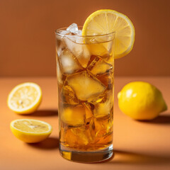 Refreshing lemon iced tea, refreshing cool cocktail, glass, lemon, ice, notes of sweetness.AI Generation.