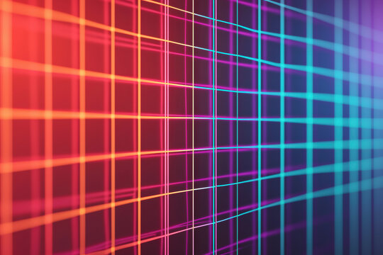Vibrant neon grid pattern radiating colorful lights, perfect for backgrounds, tech designs, and futuristic themes. Ideal for creative projects and digital artwork.