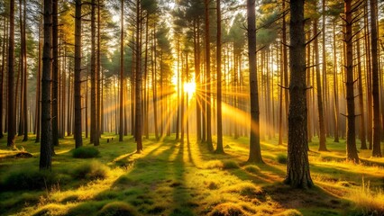 Naklejka premium A Tapestry of Emerald and Gold: Sunlit Pines in a Serene Forest AI generated