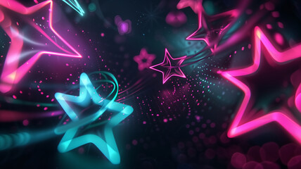 Neon Glowing Stars in a Dark Abstract Background with Vibrant Colors and Light Trails