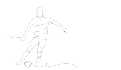 continuous line drawing of soccer player shooting vector illustration. Single one line art of young man playing soccer ball template.