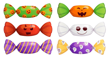 Halloween sweet spooky candy set. Trick or treat party poster design element isolated on white.