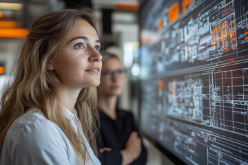 A business team presenting their project plan, with a digital presentation and 3D models displayed on a screen