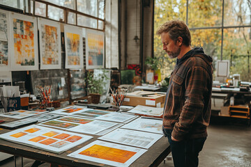 Employees preparing for a project presentation, with charts and graphs printed out and laid on a large table