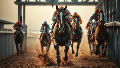 Naklejka premium A horse race portrait from the starting gate shows the lead horse bursting out, dirt flying, and jockeys in focus, conveying excitement.