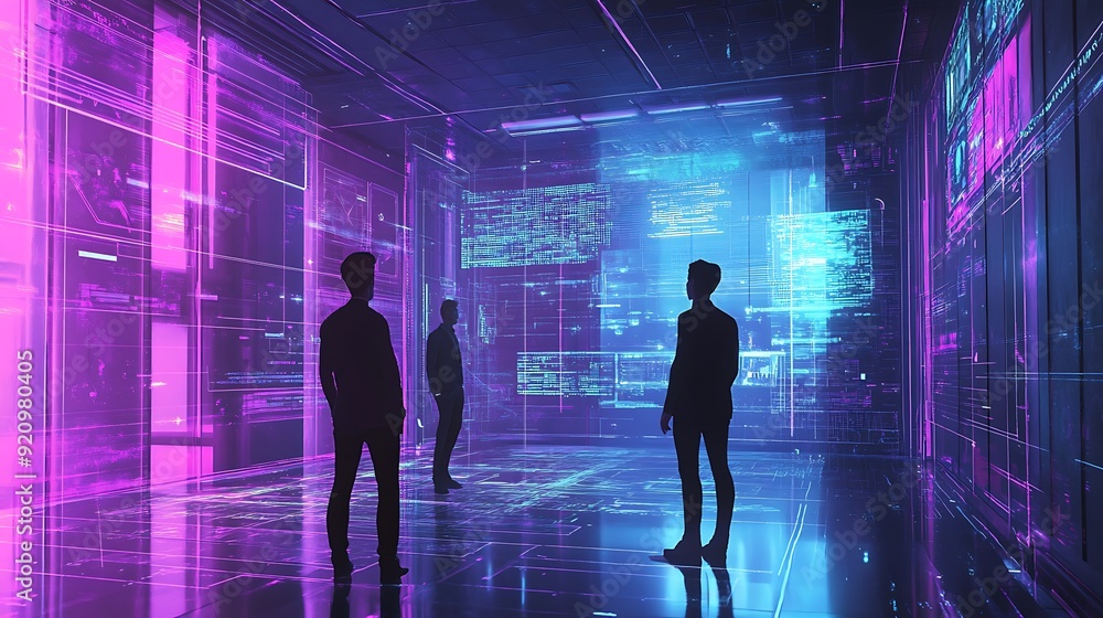 Poster a futuristic digital event space with holographic setups and ai-enhanced planning tools