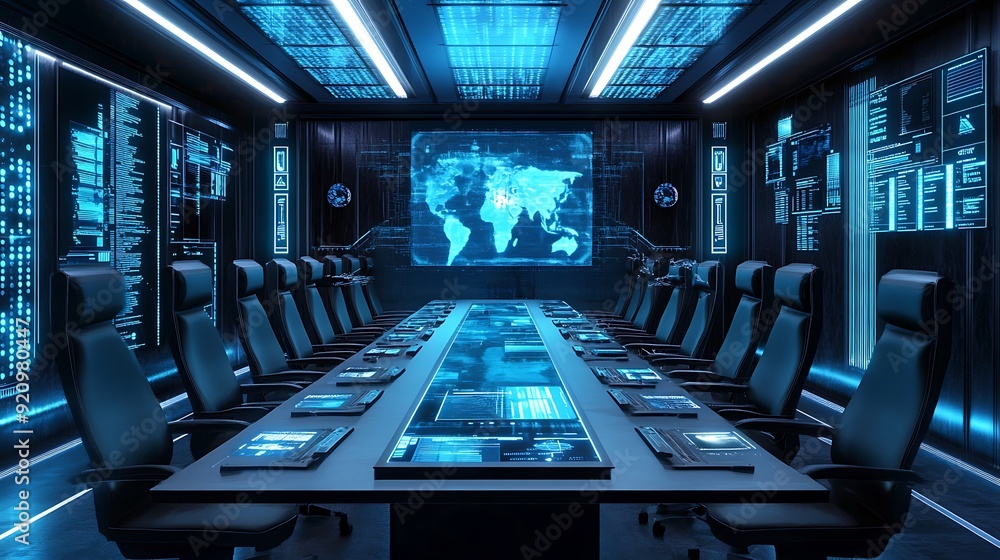Poster a futuristic digital event space with holographic setups and ai-enhanced planning tools