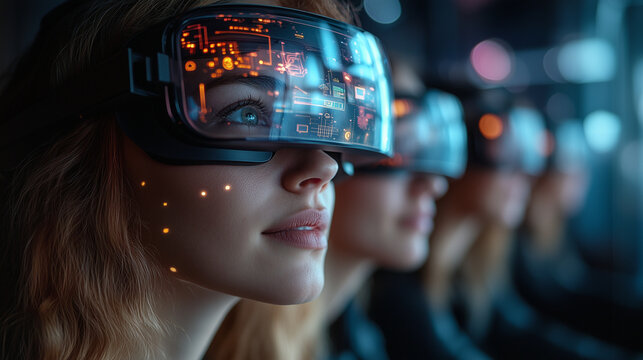 A team of employees using augmented reality headsets to visualize data and project outcomes in a futuristic office setting