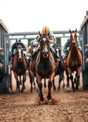 A horse race portrait from the starting gate shows the lead horse bursting out, dirt flying, and jockeys in focus, conveying excitement.