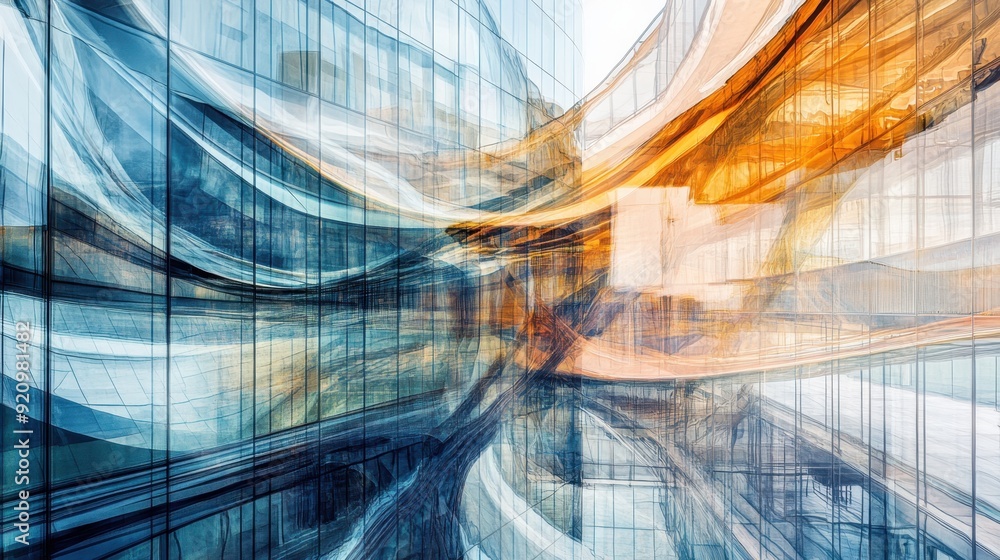 Poster futuristic abstract glass architecture with layered reflections and transparency