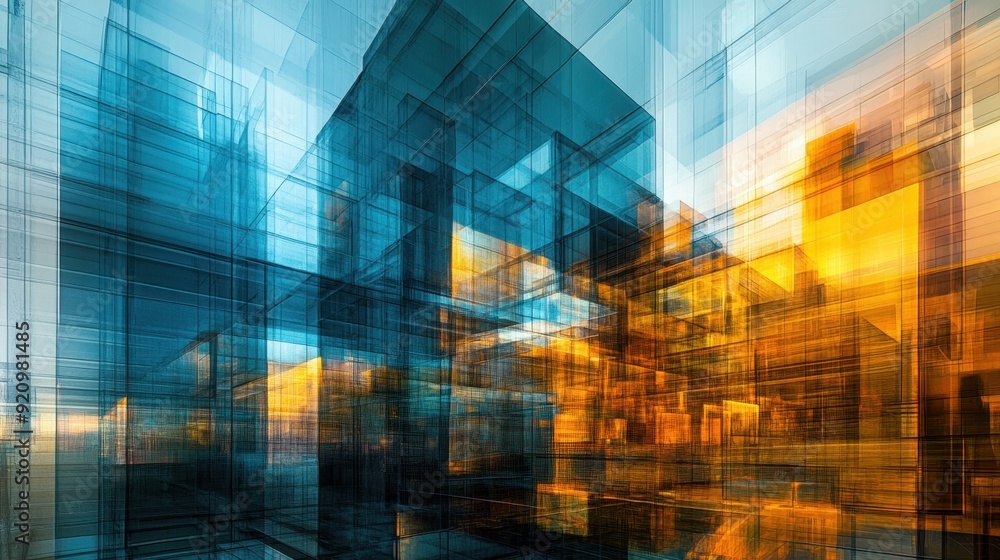 Poster ethereal glass elements: modern abstract architectural forms with layered reflections and transparen