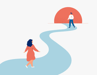 Woman walks forward toward her beloved. The pathway to the reunion of a young couple in a long-distance relationship. Family reunification policy and migration concept. Vector illustration.