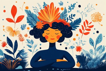 Woman with floral crown meditating in nature.