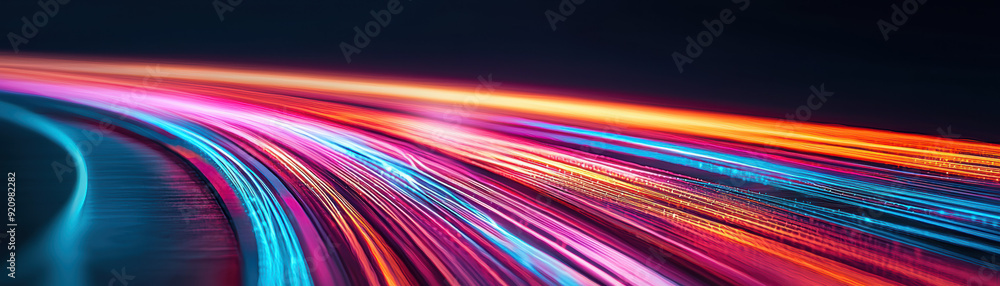 Poster colorful light trails on a dark background creating a sense of speed and motion in this dynamic abst