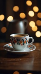 Beautiful cup of coffee on a wooden table, burning candles, soft light, an atmosphere of coziness and tranquility