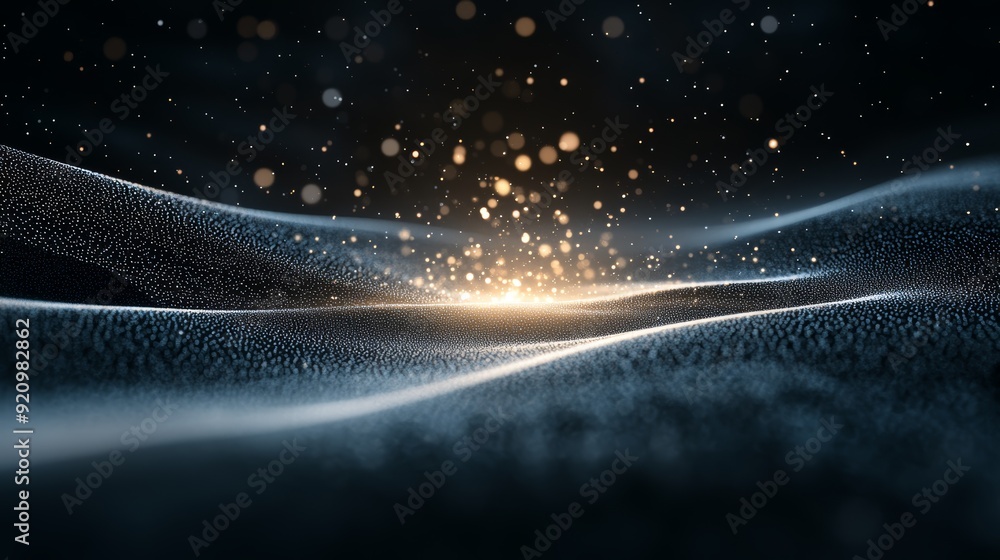 Poster abstract background with glowing particles and wavy lines. dark blue and black colors with a bright 