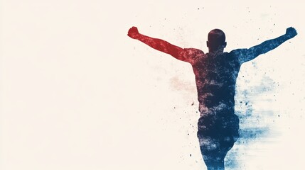 A dynamic silhouette of a triumphant athlete celebrating victory with raised arms, showcasing energy and strength against a muted backdrop.