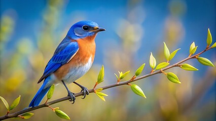 Fototapeta premium A Bluebird Perched on a Willow Branch, Basking in the Morning Sun AI generated