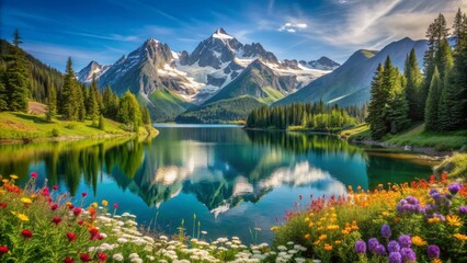 Fototapeta premium Majestic snow-capped mountain peaks rise above a serene alpine lake, surrounded by lush green forests and vibrant wildflowers under a crystal clear blue sky.
