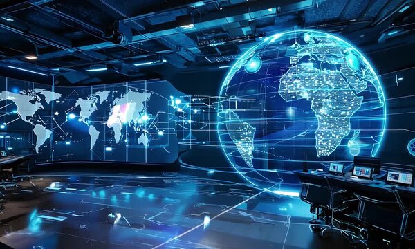 Global Network Command Center: A futuristic hub pulsates with activity, showcasing a holographic Earth and intricate network connections, symbolizing global communication, data analysis 