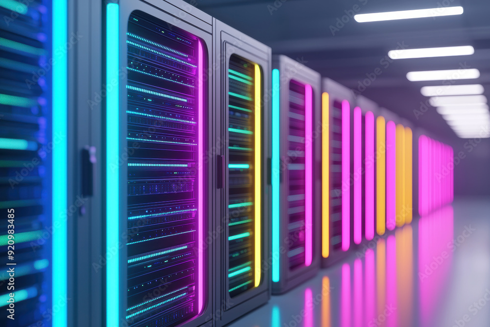 Poster vibrant, modern data center with colorful led lights on server racks showcasing advanced technology 