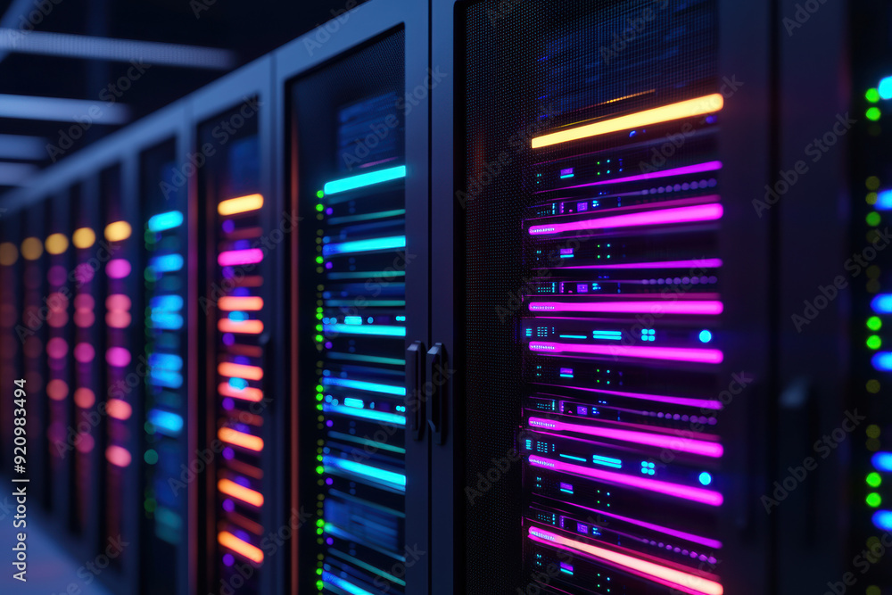 Poster modern server room with colorful led lights illuminating the hardware racks, showcasing advanced tec