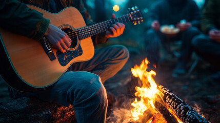 Fototapeta premium a person playing an acoustic guitar by a campfire, with friends gathered around and roasting marshmallows