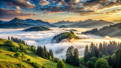 Obraz premium Soothing landscape of misty mountains, airy clouds, and gentle slopes, evoking a sense of serene calmness and soft, melodic harmony in nature.