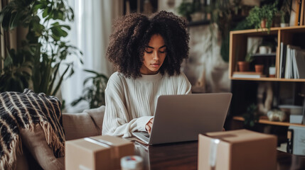 a young entrepreneur running an online store from home, packing orders and preparing shipping labels