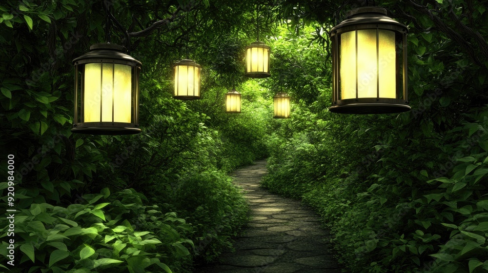 Poster lanterns hang from trees, casting a warm glow over a winding path in a dark forest, inviting explora