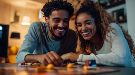 Fototapeta premium a couple enjoying a board game night at home, with snacks and drinks on the side