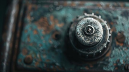 A close-up shot of an aged combination safe knob, showing the intricacies of its mechanics along with rust and wear, indicative of its long and storied past.