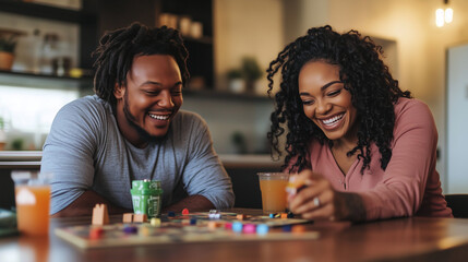 Fototapeta premium a couple enjoying a board game night at home, with snacks and drinks on the side