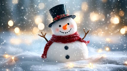 Cheerful snowman with red scarf and black hat in snowy winter wonderland with festive lights, creating a joyful holiday scene.