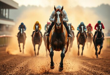 Naklejka premium Cross view of horses racing closely in the hippodrome.