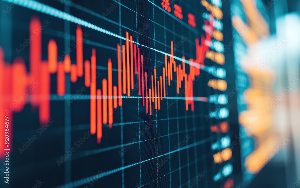 Aufkleber a close-up of a dynamic stock market chart with red and orange candlesticks, representing fluctuatio