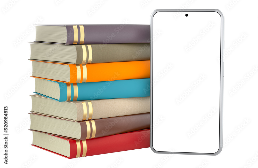Poster stack of books and smartphone with blank screen, 3d rendering isolated on transparent background