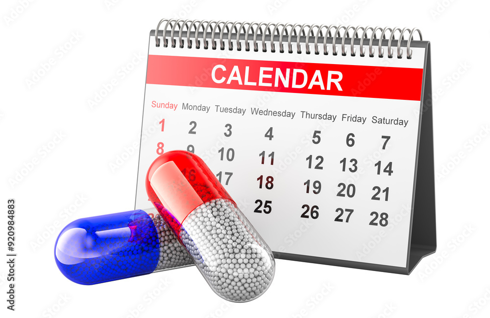 Poster pills with desk calendar, 3d rendering isolated on transparent background