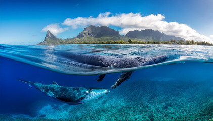 Indian Ocean, Mauritius Whales and sperm whales and vibrant coral reefs and sea Turtles. Mauritius island under waterfall, Mauritius undersea, Mauritius sea