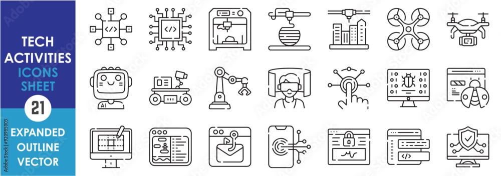 Poster a set of line icons related to tech activities. coding, hacking, 3d printing, drone, robotics, cyber