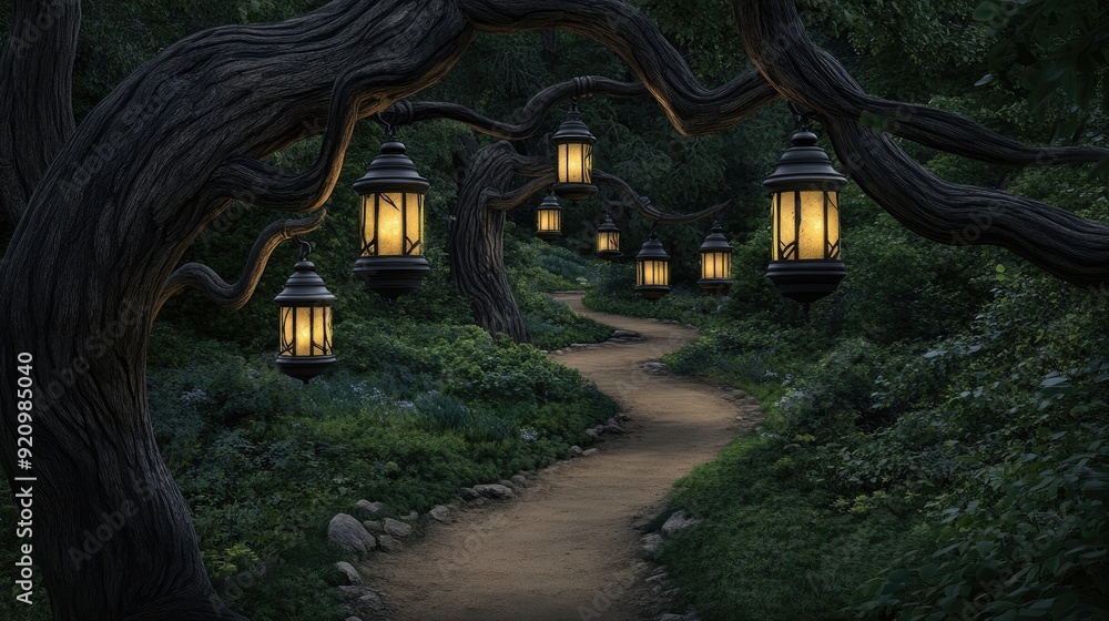Poster lanterns hang from trees, casting a warm glow over a winding path in a dark forest, inviting explora
