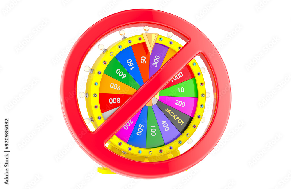 Poster wheel of fortune inside prohibition sign. 3d rendering isolated on transparent background