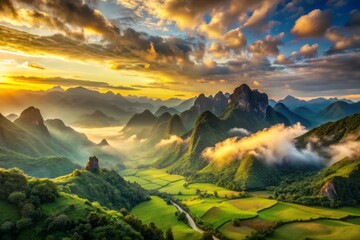 Serene landscape of a majestic mountain range with wispy clouds and a soft, golden light illuminating the rugged terrain and lush green valleys below.