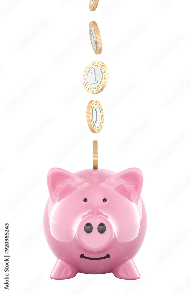 Poster coins falling into a piggy bank. money saving, concept. 3d rendering isolated on transparent backgro