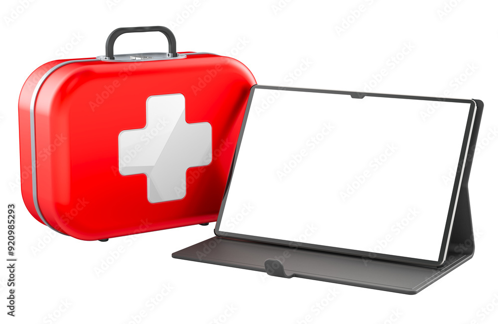 Poster first aid kit and tablet computer with blank screen, 3d rendering isolated on transparent background