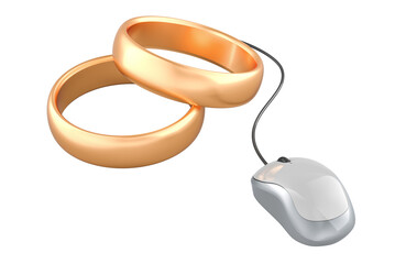 Wedding rings with computer mouse. Online Marriage Service, wedding online concept. 3D rendering isolated on transparent background