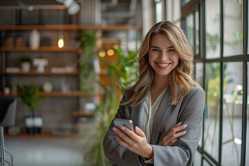 Portrait of a confident businesswoman using a phone in a modern office.