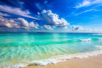 Soothing turquoise waves gently lap against the serene shoreline, evoking a sense of calming tranquility and peaceful relaxation under a warm, cloudless sky.