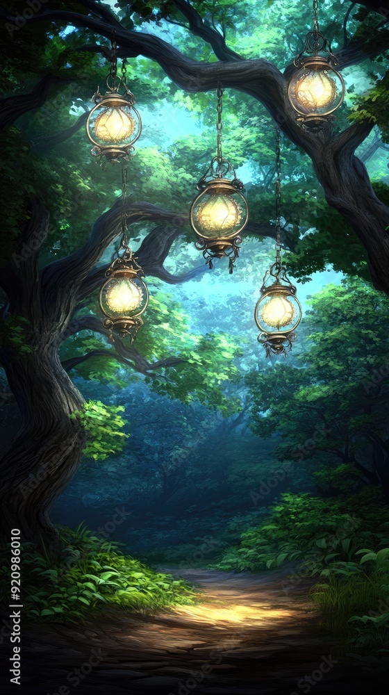 Poster lanterns hang from trees, casting a warm glow over a winding path in a dark forest, inviting explora