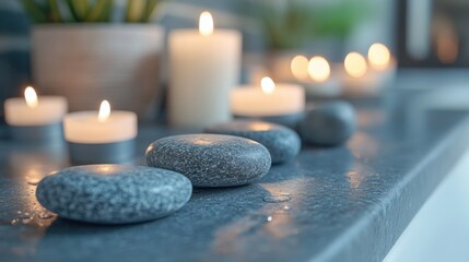 Tranquil scene with smooth stones and glowing candles, perfect for relaxation and meditation. 